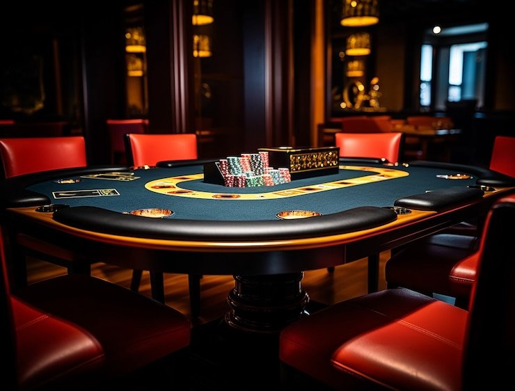 Ruang permainan Live Casino dengan suasana mewah dan gelap